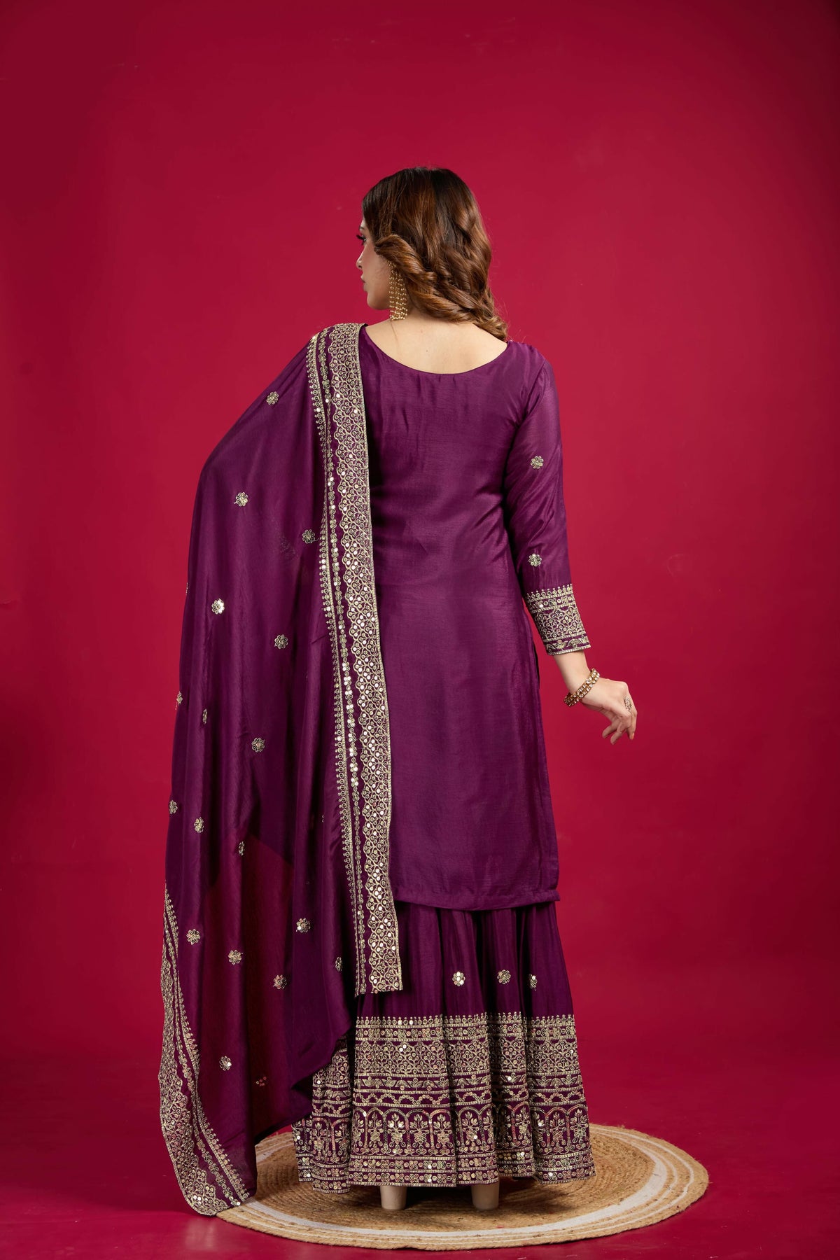 Violet Silk Kurta Set with Sequins, Zari & Thread Embroidery