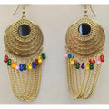 Traditional half moon gold-plated earrings with multicolor pearl accents