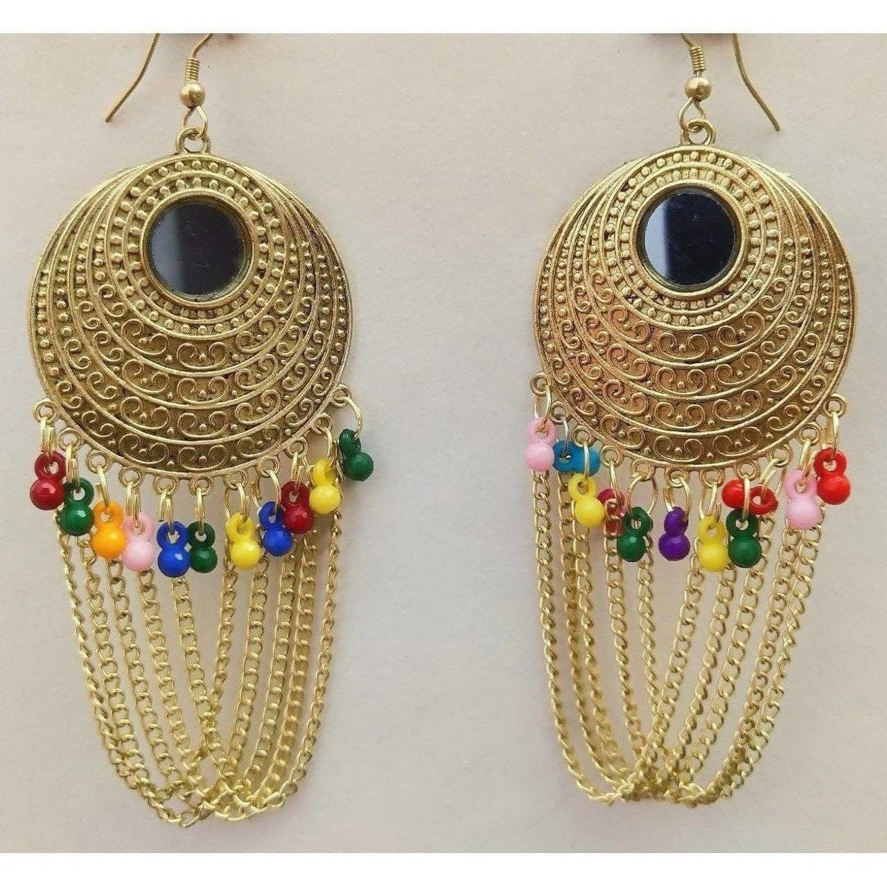 Traditional half moon gold-plated earrings with multicolor pearl accents