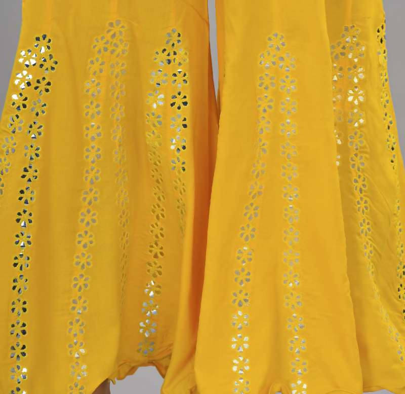 Women's Yellow Mirror Work Palazzo Pants - Bohemian Wide Leg
