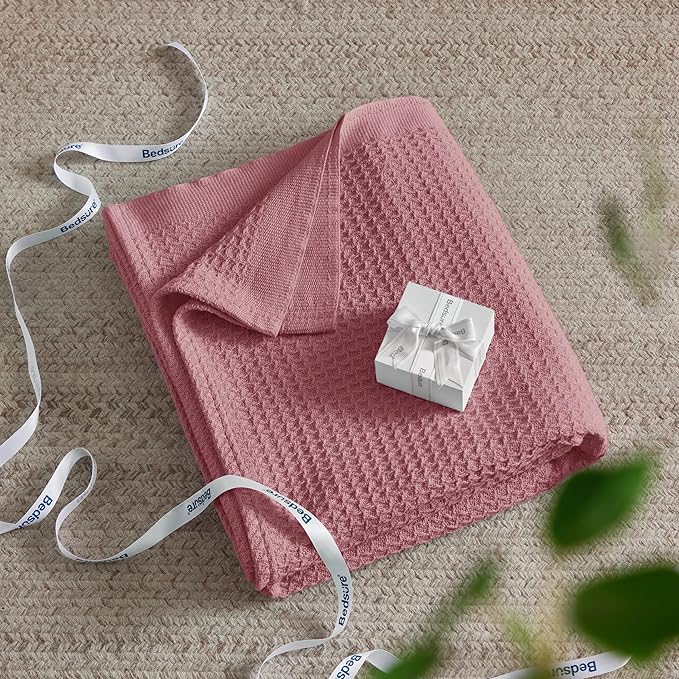 Bedsure 100% Cotton Blanket Queen Size for Bed - Breathable and Soft, Waffle Weave Blanket for Summer, Thick Cozy Fall Blankets for Women Gift, Dusty Rose, 90x90 Inches