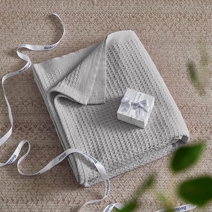 Bedsure 100% Cotton Blanket King Size for Bed - Breathable and Soft, Waffle Weave Blanket for Summer, Thick Cozy Fall Blankets for Women Gift, Grey, 104x90 inches