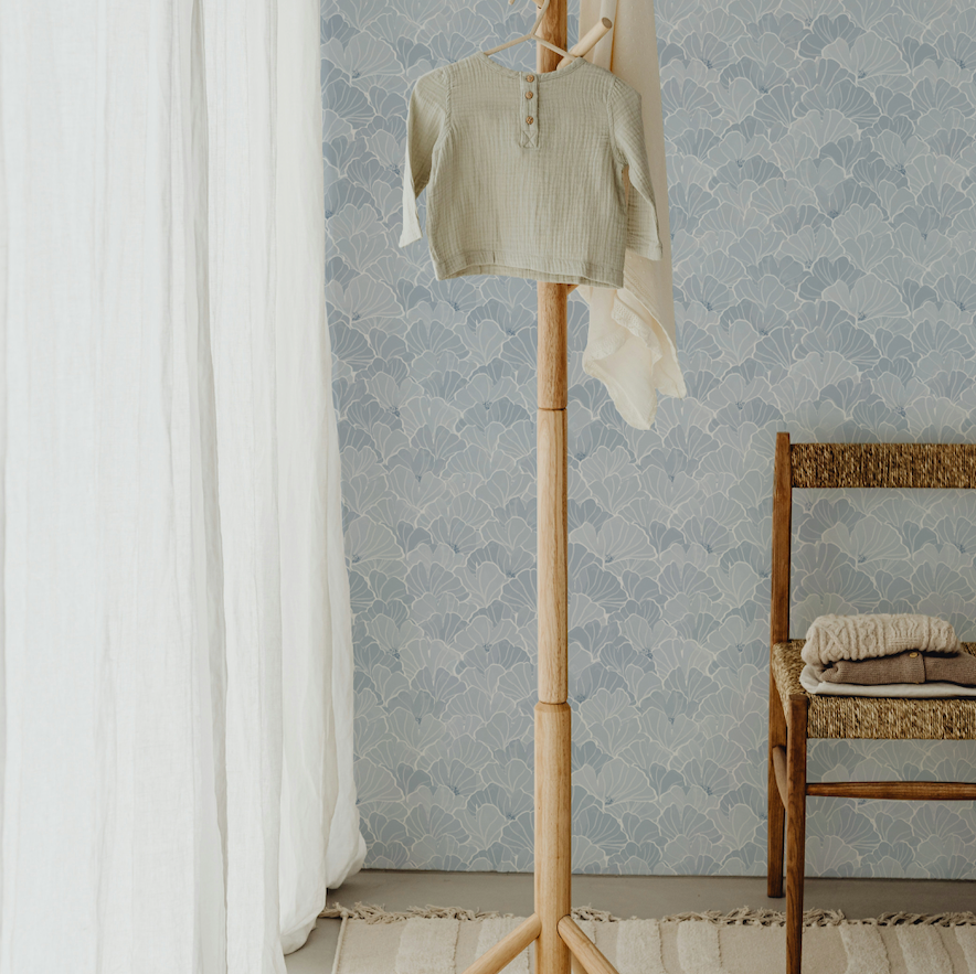 Ginkgo floral wall pattern in blush-pink, blue, and white for a scandi-inspired home.