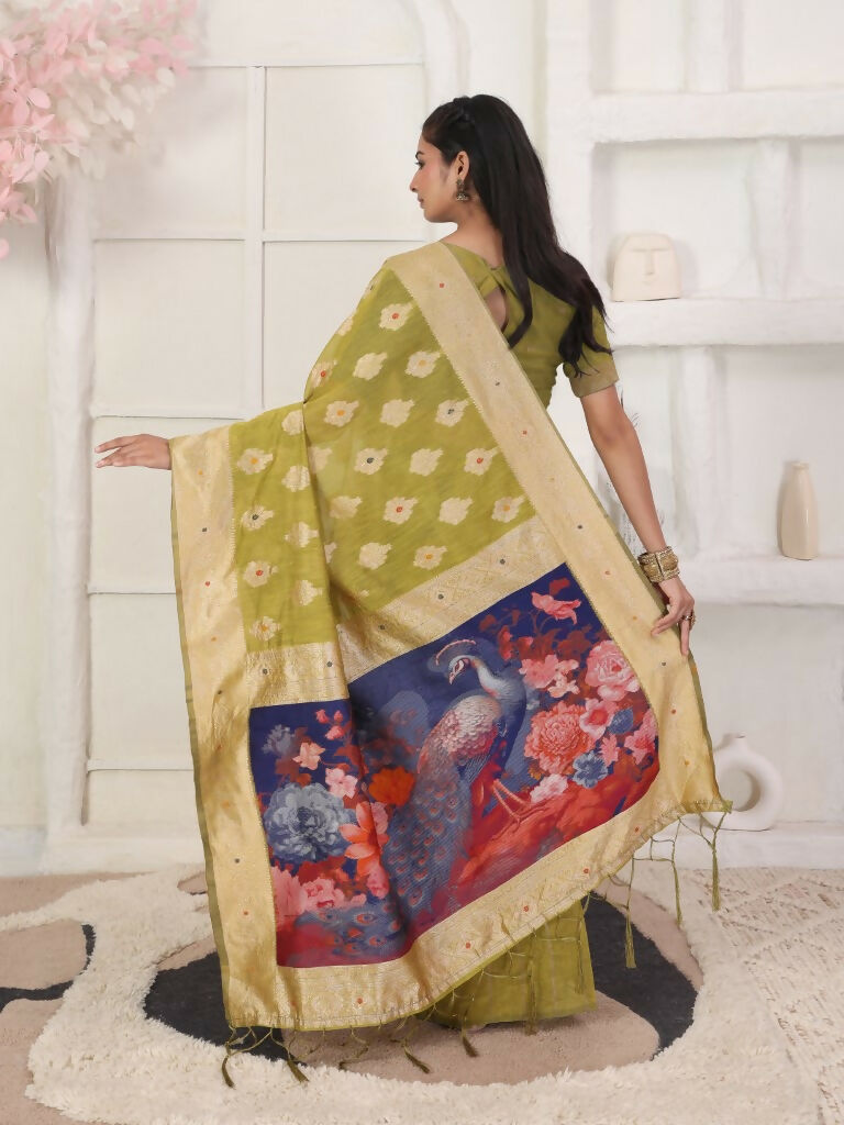 Mhendi Green Linen Cotton Saree with Matching Blouse Piece