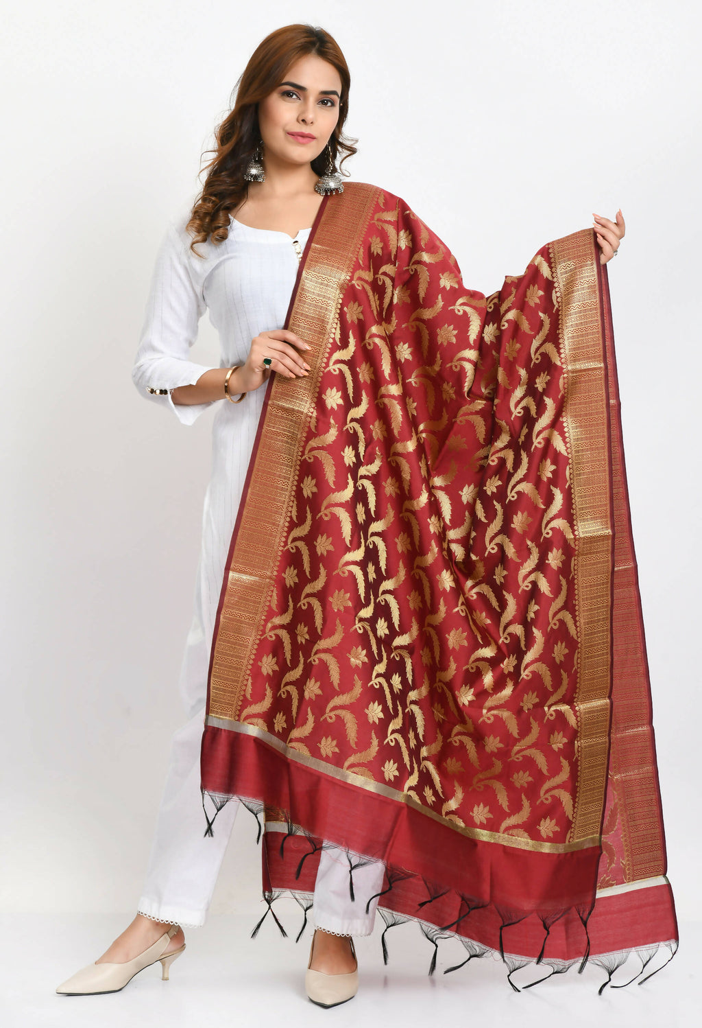 Maroon Banarasi Silk dupatta with intricate floral gold woven patterns