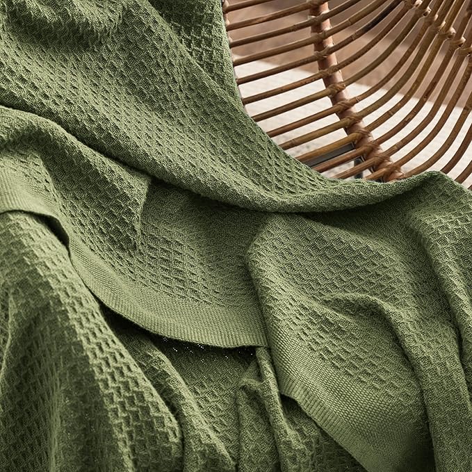 Bedsure 100% Cotton Blanket Queen Size for Bed - Breathable and Soft, Waffle Weave Blanket for Summer, Thick Cozy Fall Blankets for Women Gift, Olive Green, 90x90 Inches