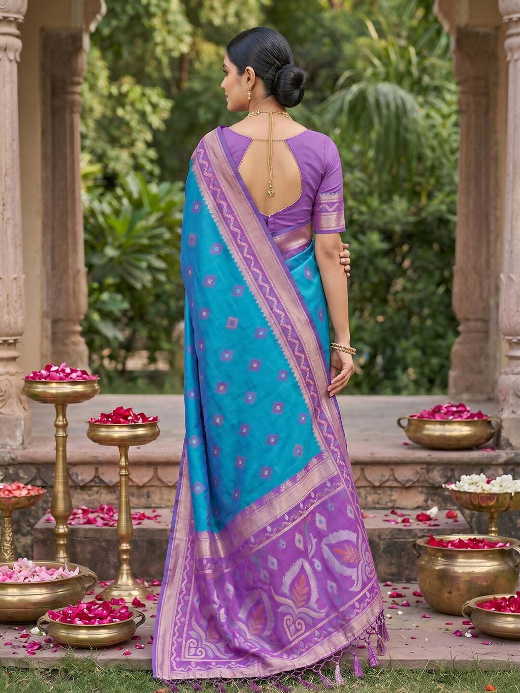 Rama Blue Soft Silk Saree with Matching Silk Blouse Piece