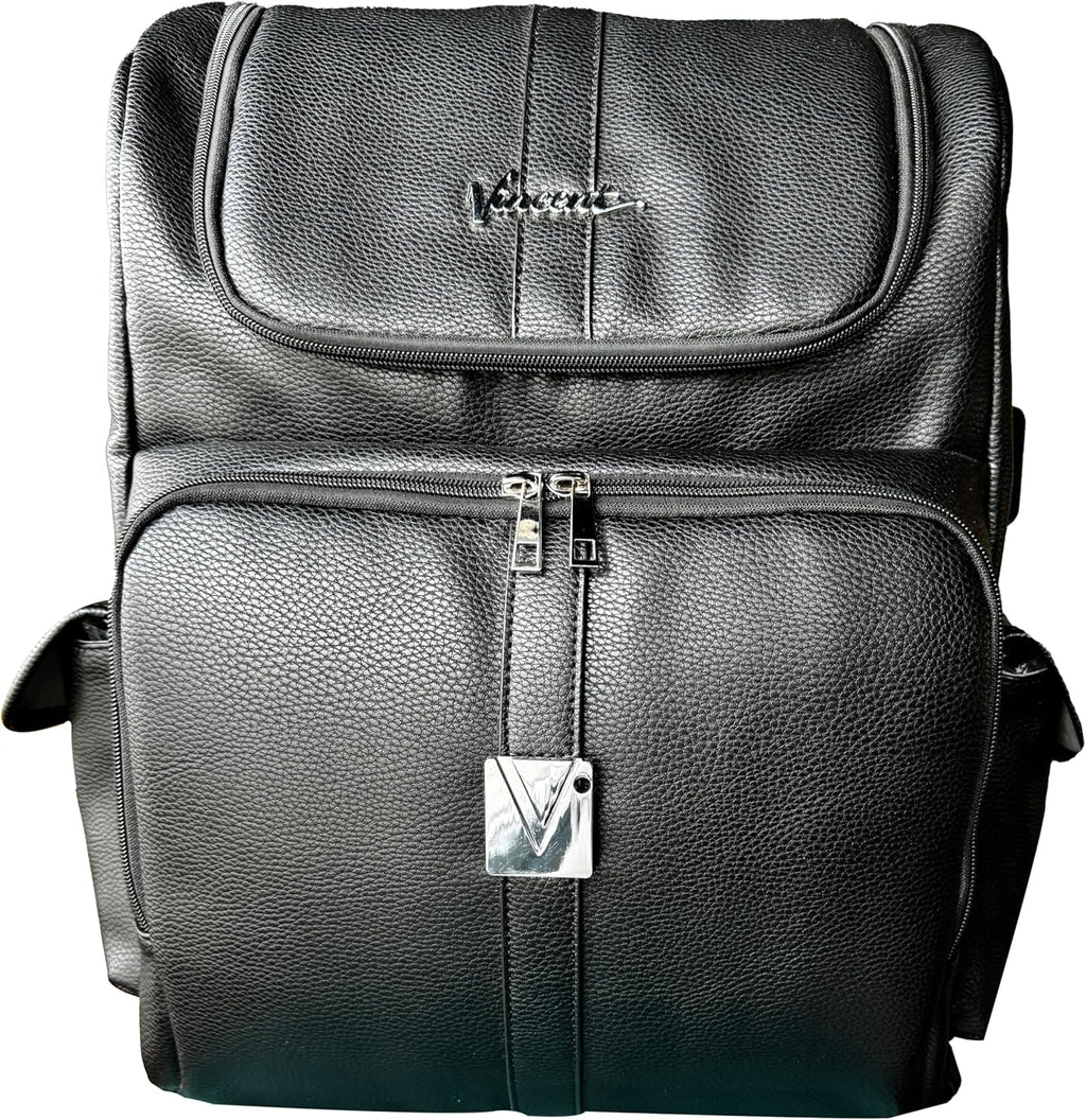 Minimalist black vegan leather barber backpack featuring multiple tool compartments.