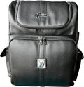 Minimalist black vegan leather barber backpack featuring multiple tool compartments.