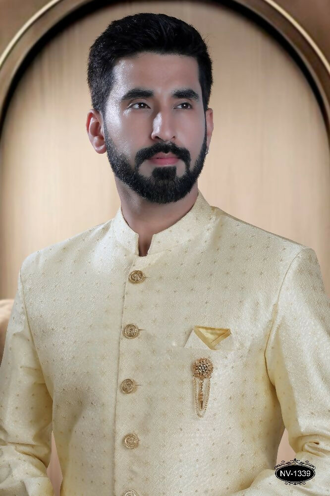 Cream Brocade Kurta and White Pyjama Set for Special Occasions