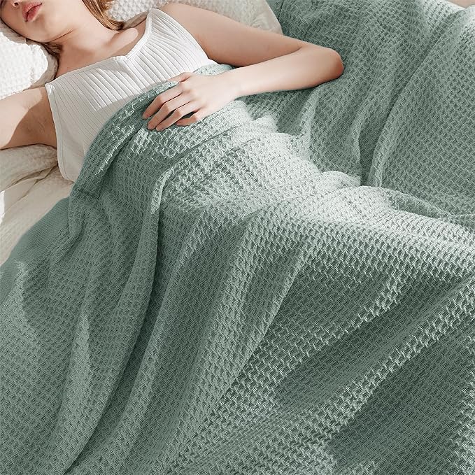 Bedsure 100% Cotton Blanket King Size for Bed - Breathable and Soft, Waffle Weave Blanket for Summer, Thick Cozy Fall Blankets for Women Gift, Sage Green, 104x90 inches