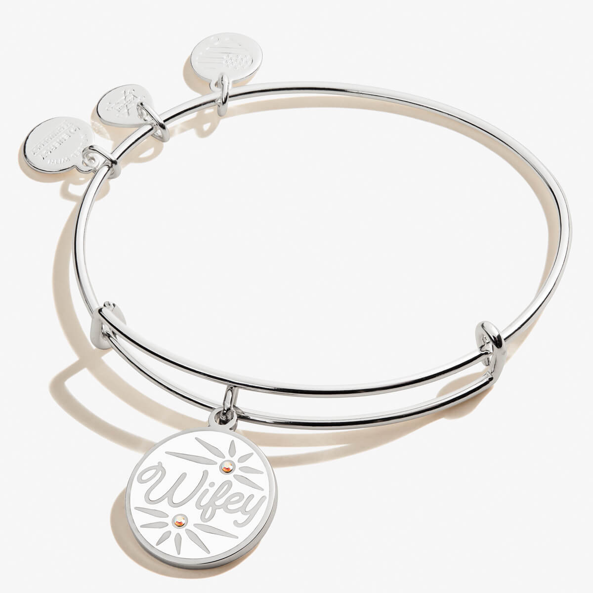 Alex And Ani Wifey charm bangle in a polished metal finish