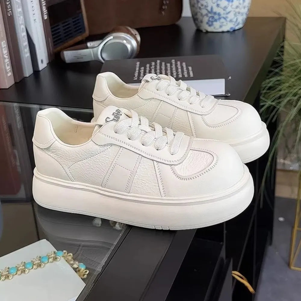 White Round Toe Platform Lace-Up Sneakers for Everyday Style