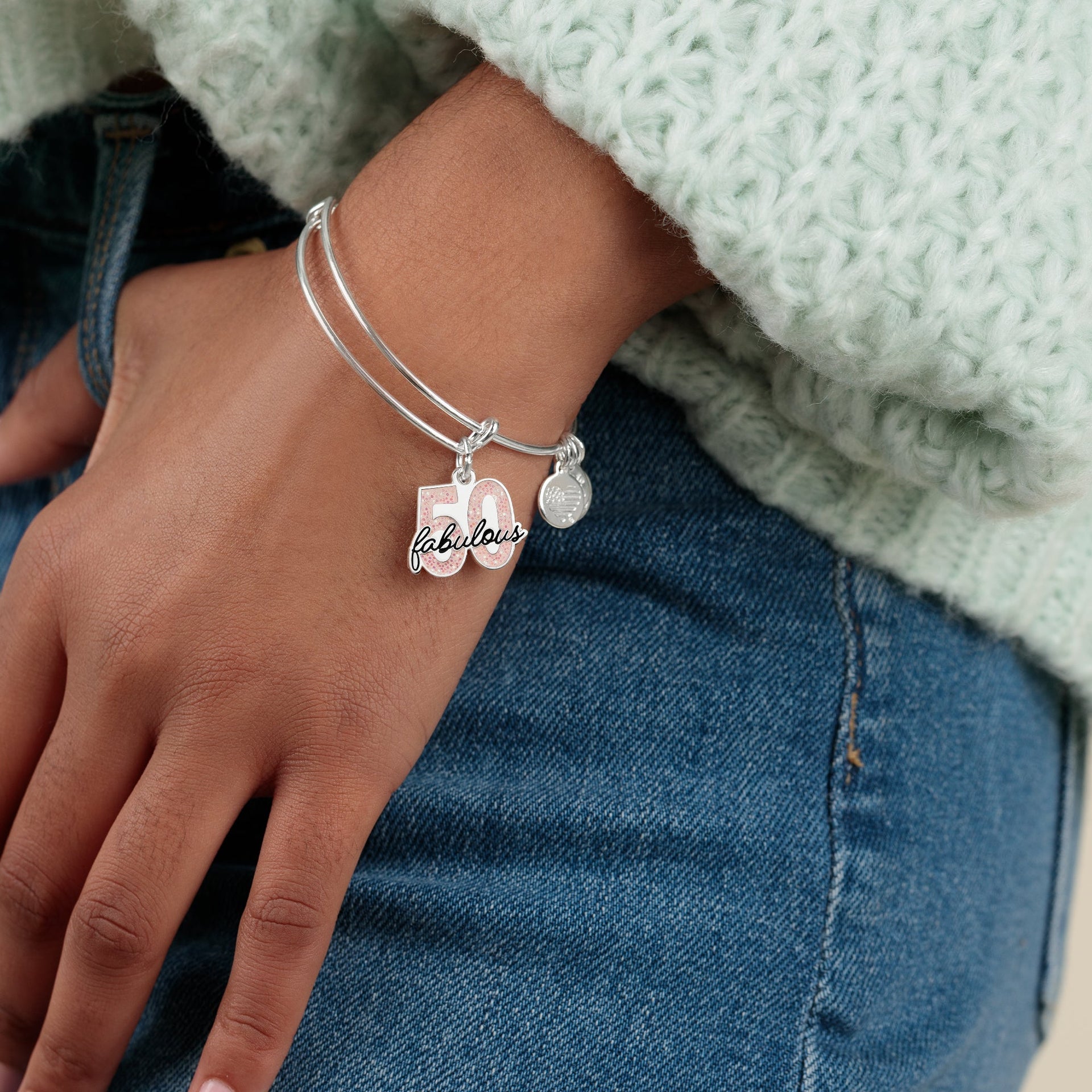 Fabulous 50 Charm Bangle Bracelet in Silver and Pink