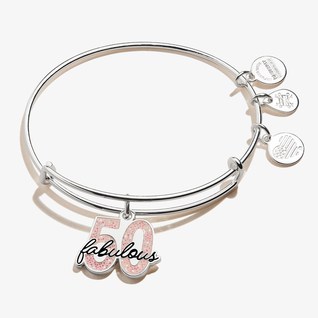 Silver and pink Fabulous 50 charm bangle bracelet on a white background.