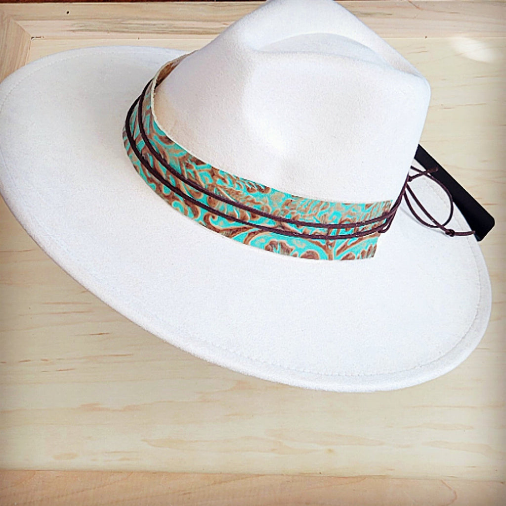 Wide Turquoise and Brown Floral Tooled Leather Cowboy Hat Band - Image 6