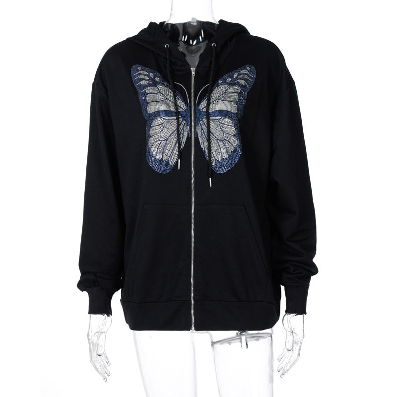 Women's Black & Grey Graphic Butterfly Long Sleeve Zip Hoodie - Image 6