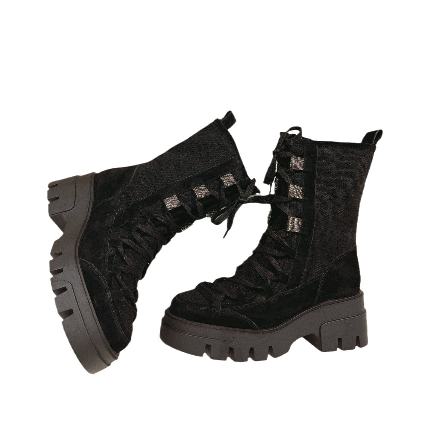 A pair of black lace-up mid-calf combat boots with thick rubber lug soles and suede texture.