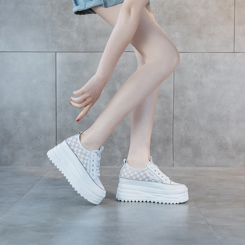 Women's Thick-Soled Platform Sneakers with Checkerboard Mesh - Image 6