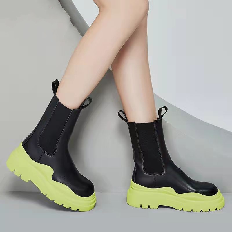 Women's Mid-Calf Chelsea Boots with Chunky Neon Green Sole - Image 4