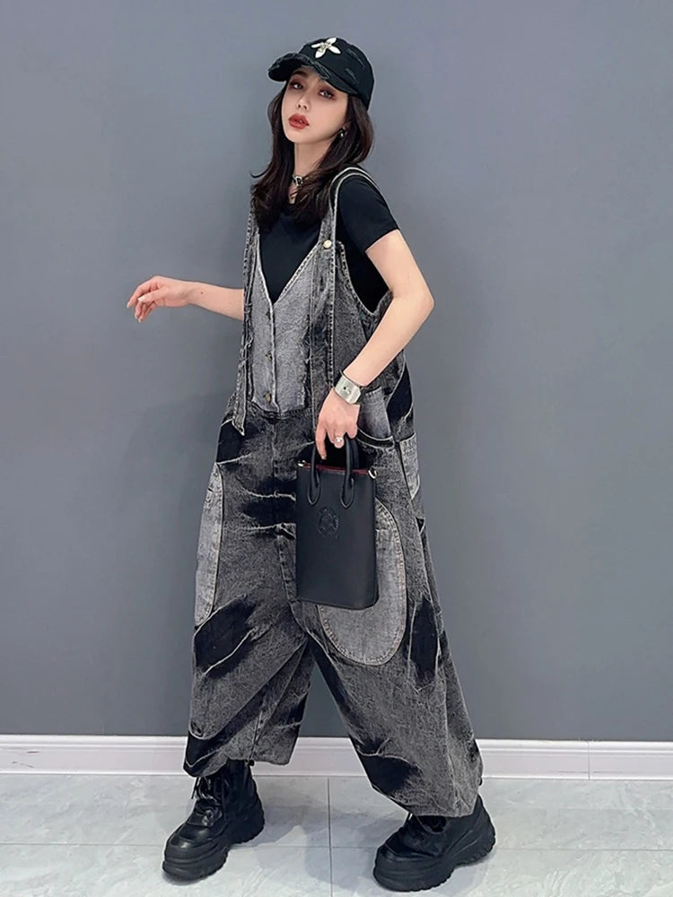 Women's Washed Black Denim Patchwork V-Neck Loose Jumpsuit - Image 3