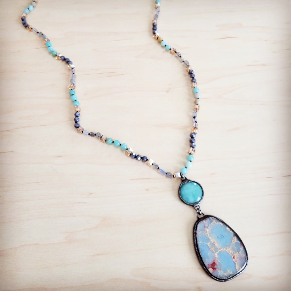 Amazonite and Crystal Beaded Necklace with Jasper Pendant