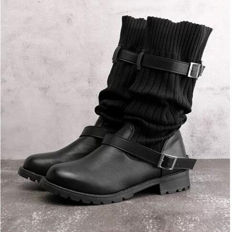 Women's Slouchy Faux Leather Knit Cuff Combat Boots
