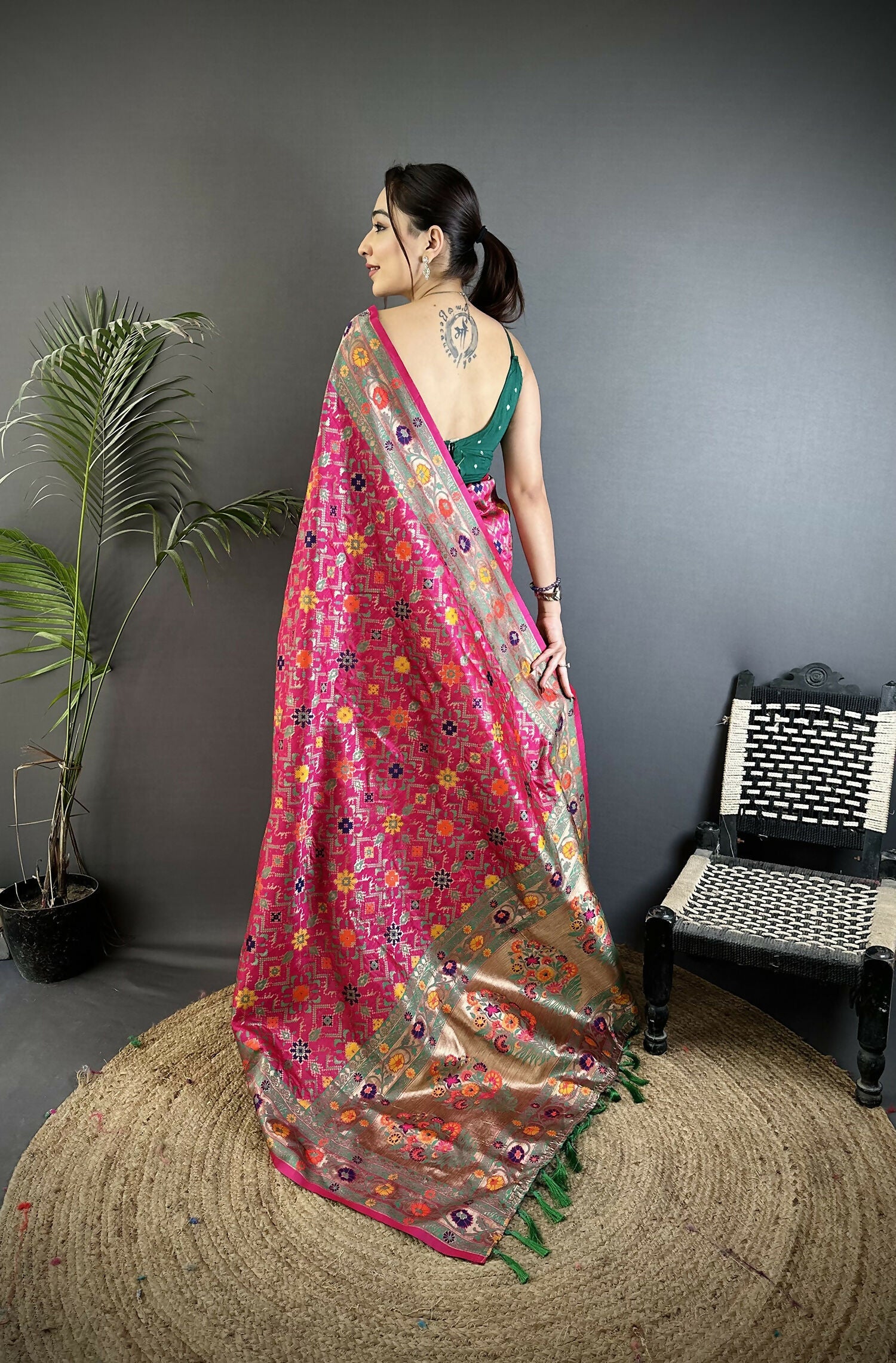 Hot Pink Banarasi Soft Silk Saree with Woven Details