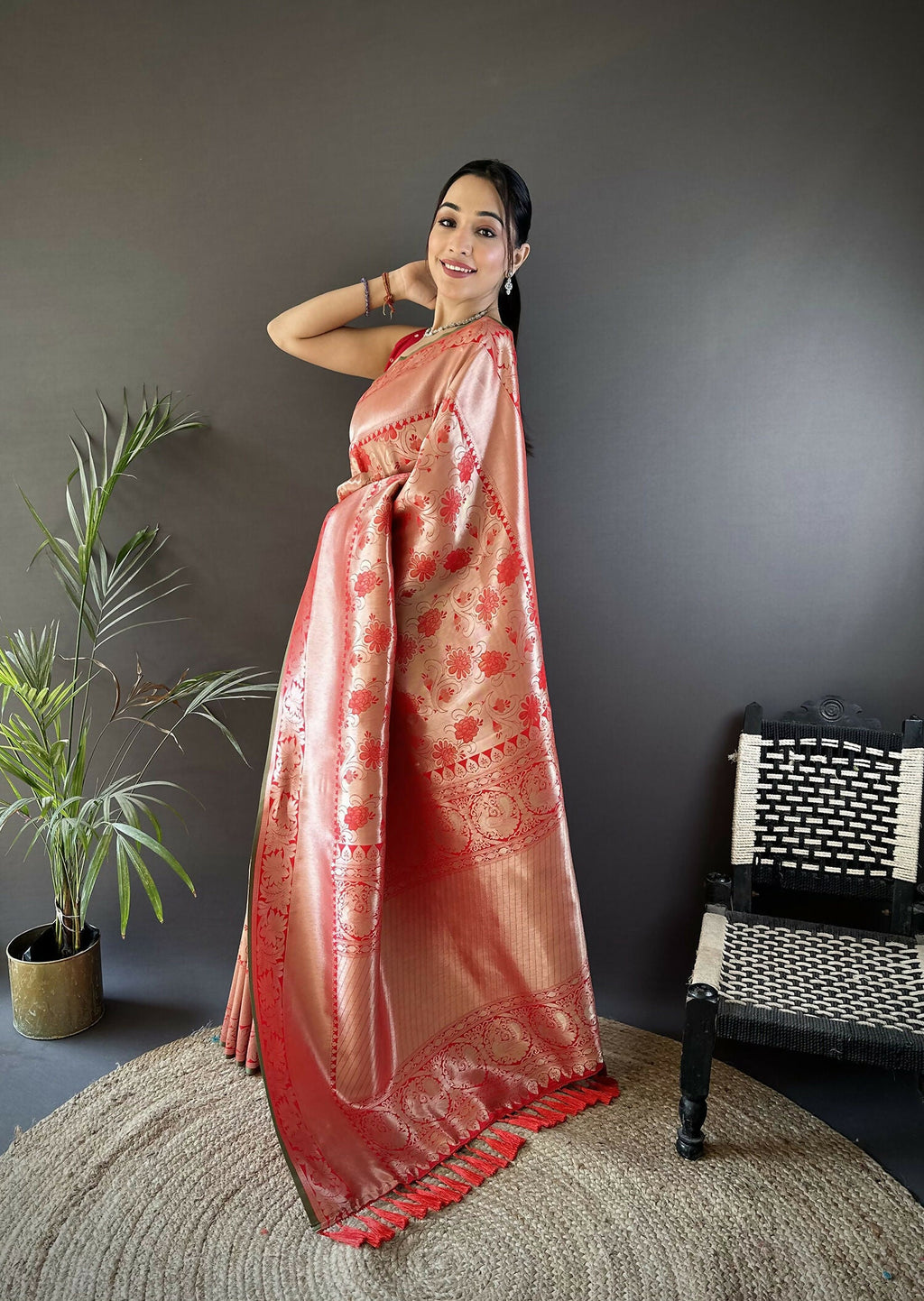 Peach Flower Jall Pattern Soft Silk Banarasi Saree for Women