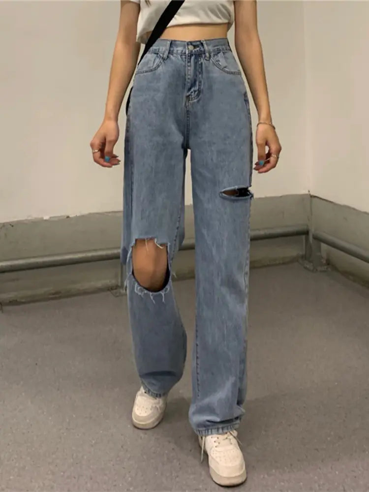 Women's High Waist Wide Leg Denim Pants Blue