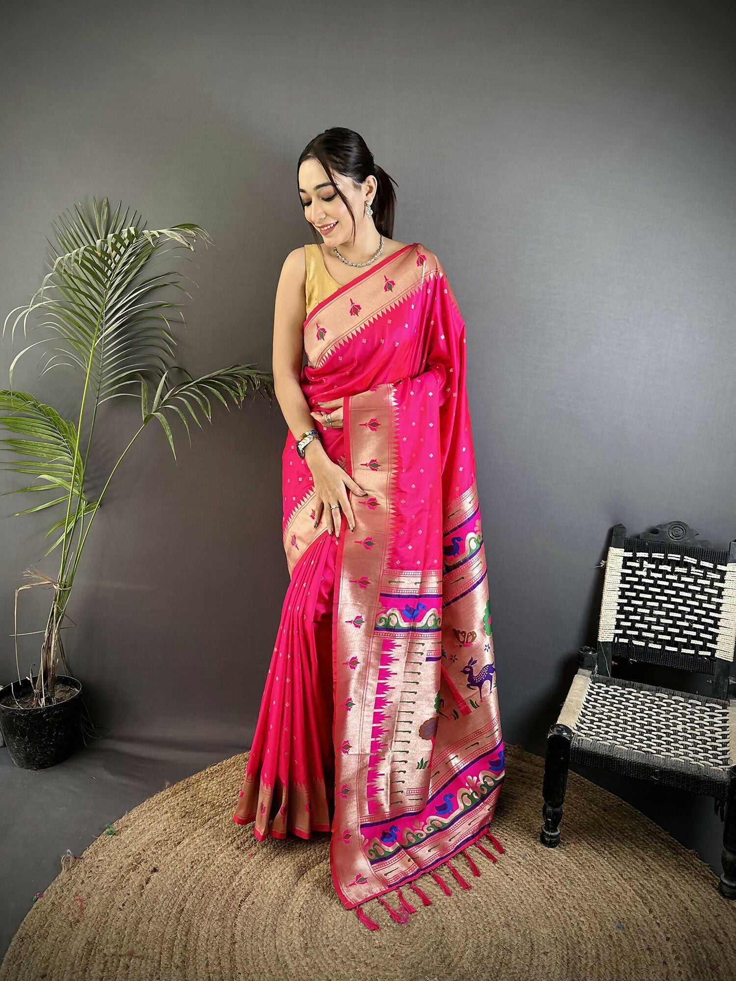 Joban Fashion Rani Pink Peacock & Floral Motifs Soft Lichi Silk Kanchipuram Saree