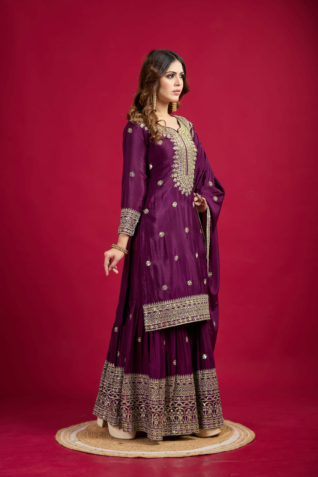 Violet Silk Kurta Set with Sequins, Zari & Thread Embroidery