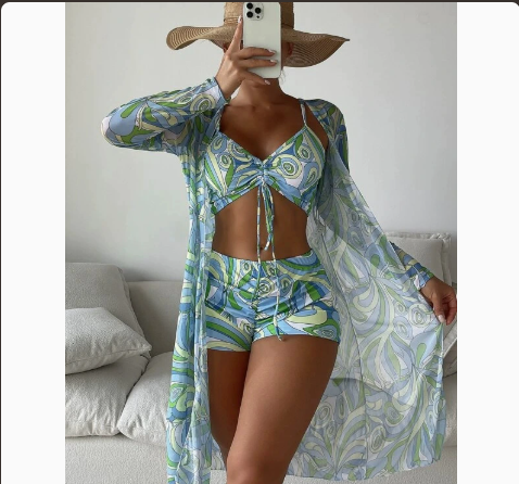 Three-Piece Bikini Set with Sheer Mesh Cover-Up and Briefs