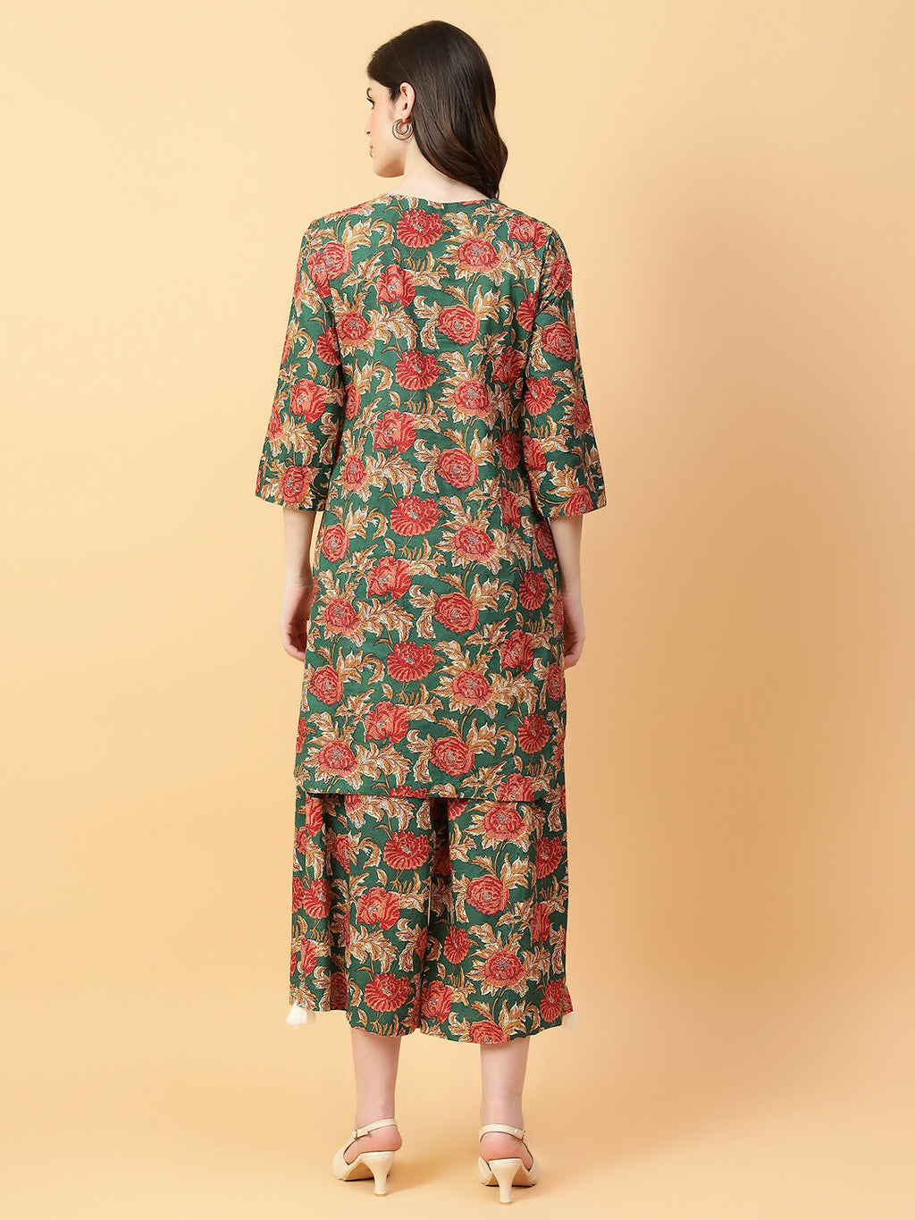 Green Printed Cotton Co-ord Set with Hand Work Detail