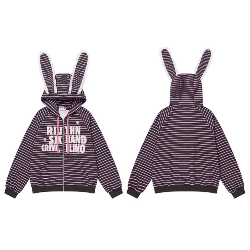Women's Striped Bunny Ear Full-Zip Hoodie - Harajuku Style - Image 3