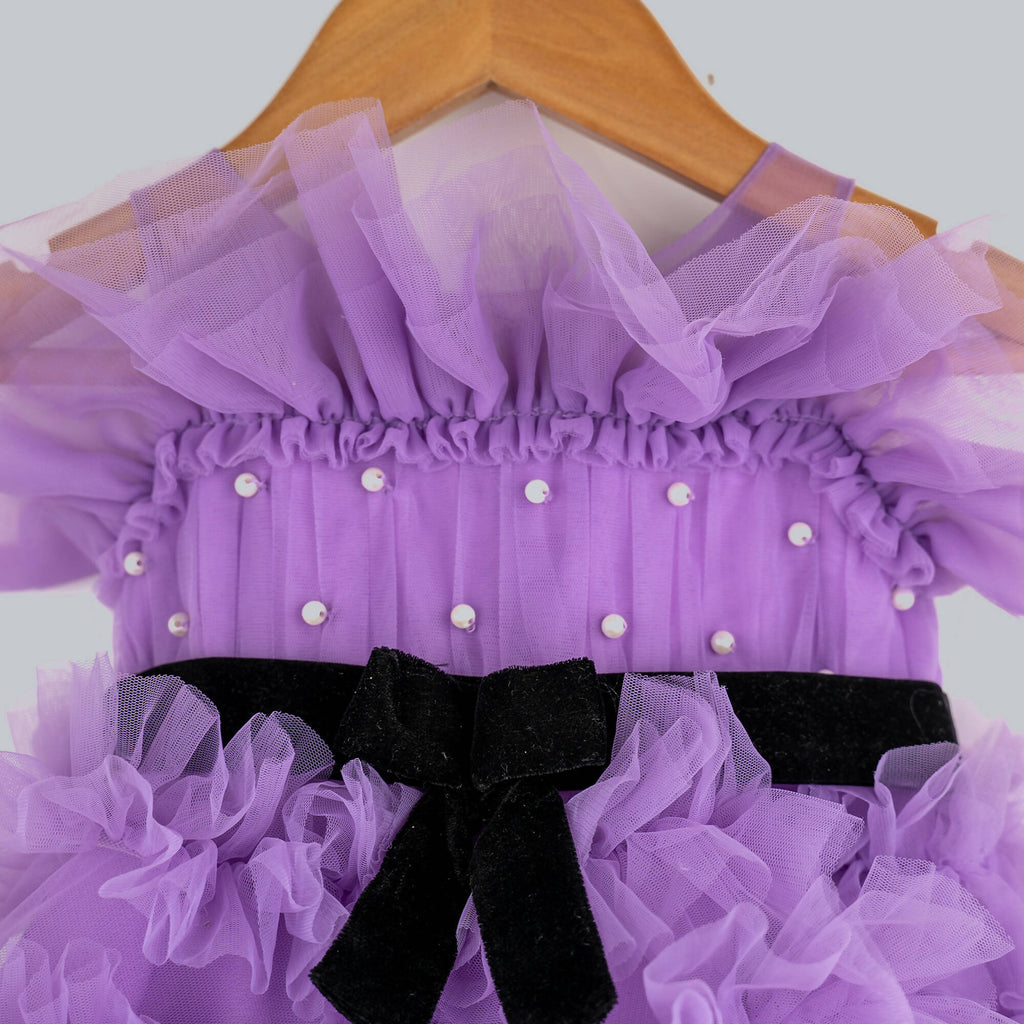 Purple Net Frilled Party Dress with Velvet and Pearl Accents