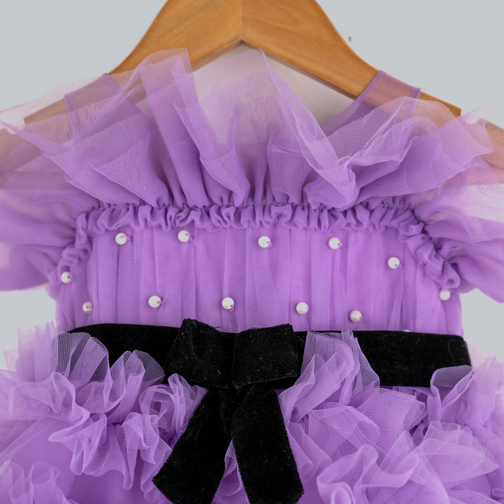 Purple Net Frilled Party Dress with Velvet and Pearl Accents