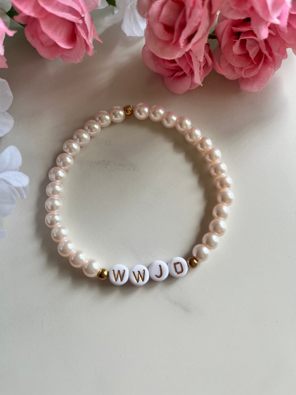 WWJD Faith Bead Bracelet Glass Pearl and Natural Stone