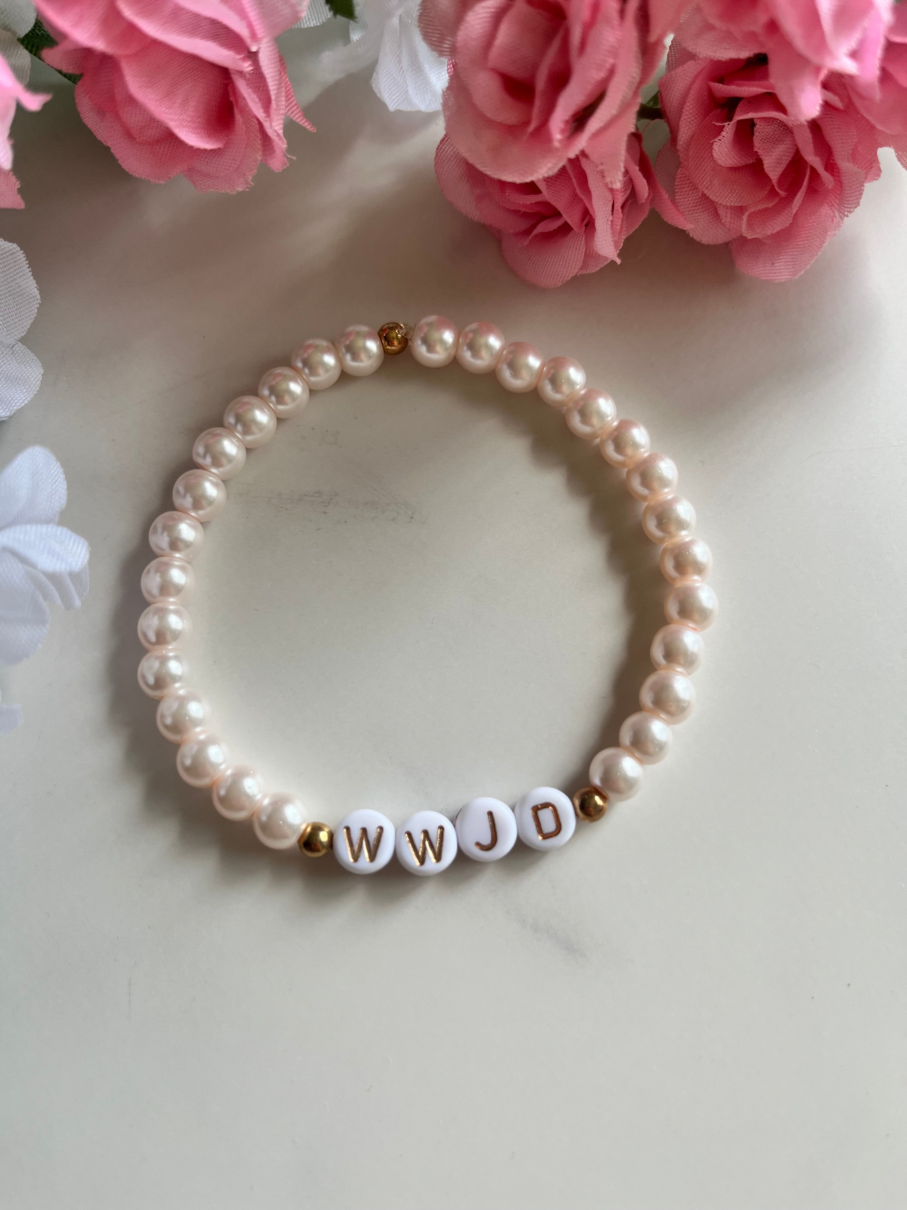 WWJD Faith Bead Bracelet Glass Pearl and Natural Stone