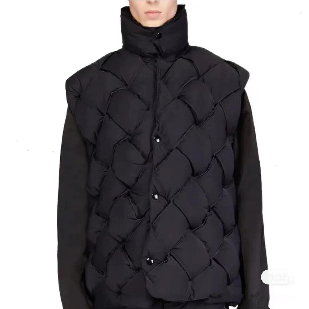 Woven Pattern Green & Black Quilted Puffer Vest Harajuku Style - Image 3