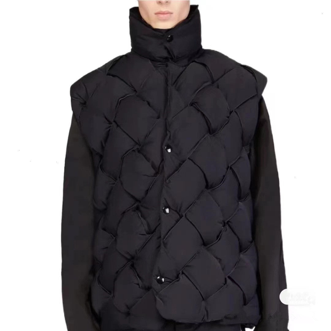 Woven Pattern Green & Black Quilted Puffer Vest Harajuku Style - Image 3