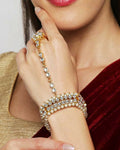 Gold polished Kundan bracelet in Crème color with intricate detailing, ideal for festive wear.