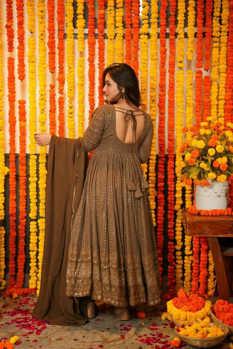 Jyoti Fashion Women's Brown Faux Georgette Zari Embroidery with Sequence Anarkali Dress with Dupatta