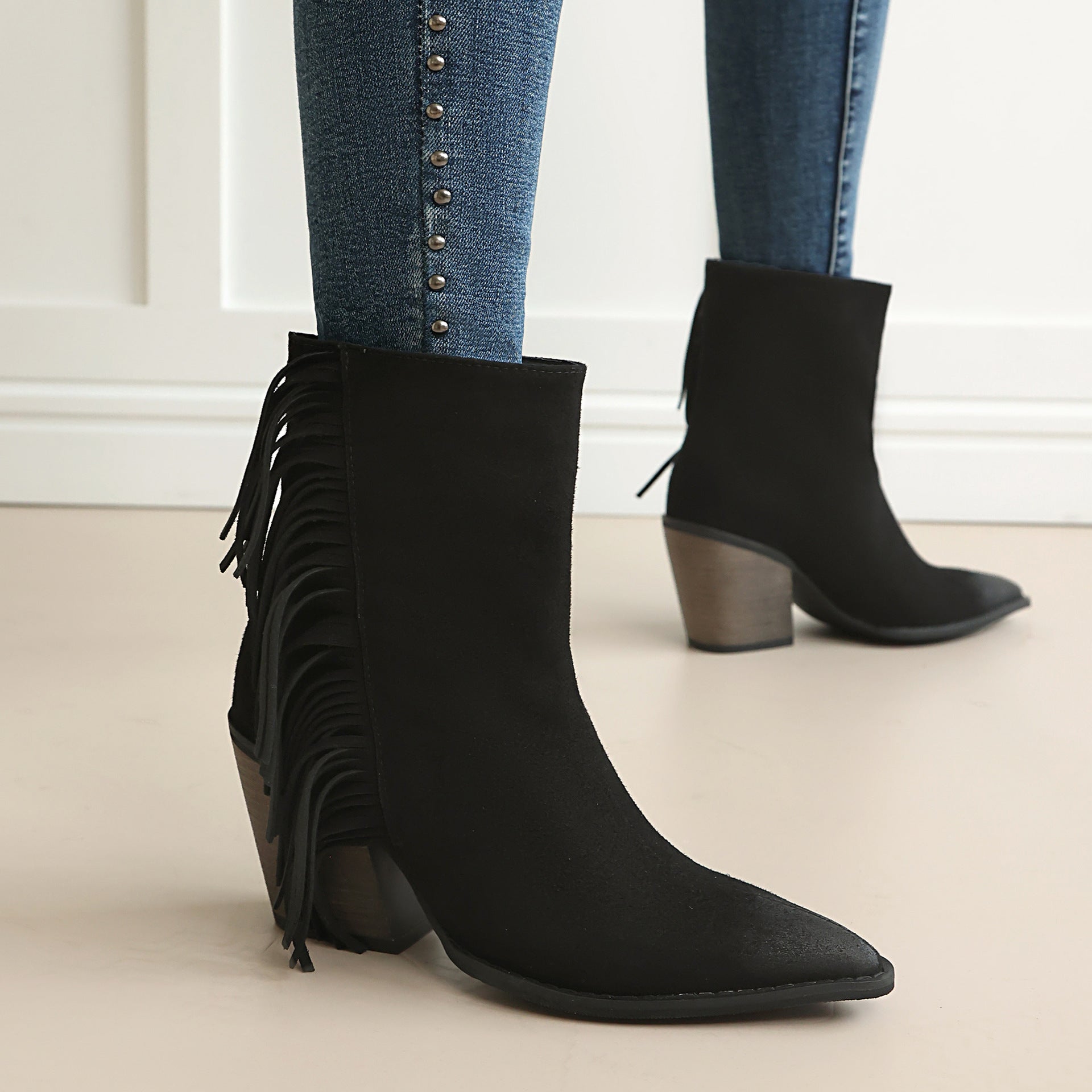 Women's Western Fringe Ankle Boots | Pointed Toe Chunky Heel