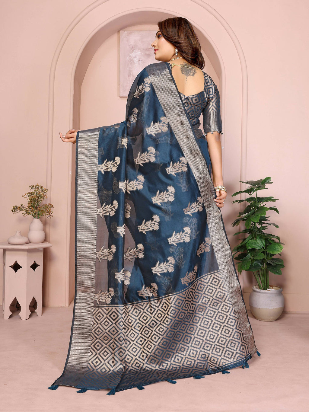 Teal Soft Organza Silk Weaving Saree with Elegant Drape