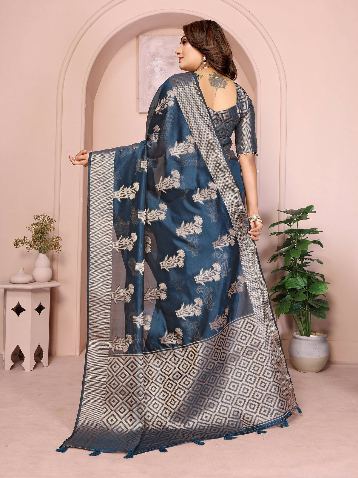 Teal Soft Organza Silk Weaving Saree with Elegant Drape
