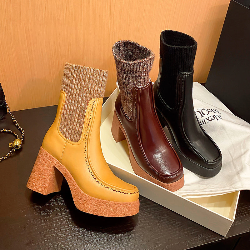 Three pairs of women's genuine leather chunky platform ankle boots with knit cuffs in black, burgundy, and yellow camel colors, displayed on a dark surface.