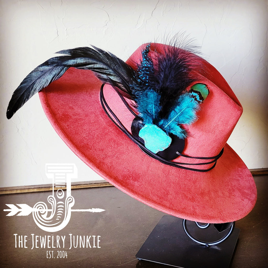 Blue Spotted Feather & Turquoise Slab Hat Band with Felt Hat