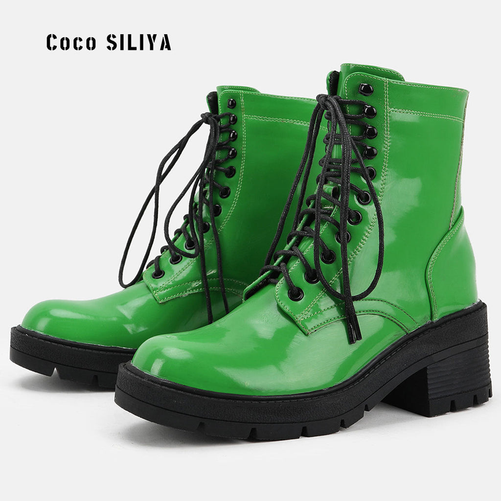 Women's Harajuku Style Patent Leather Lace Up Combat Boots - Image 3