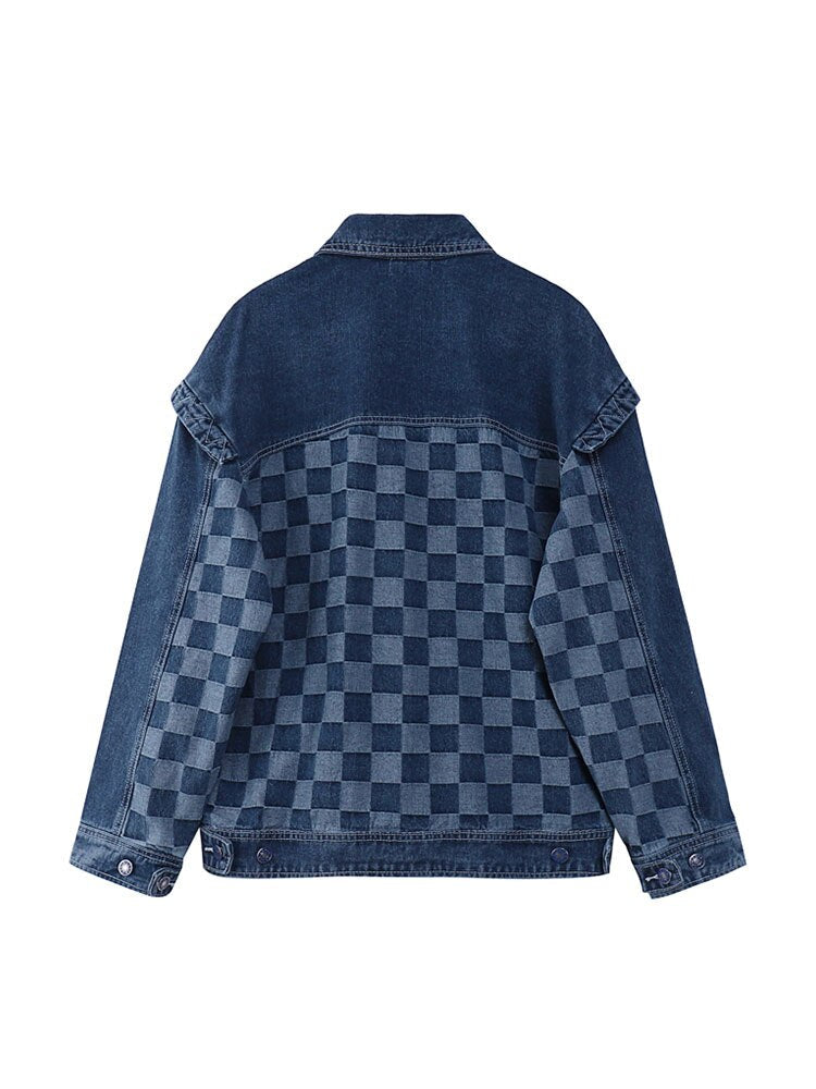 Women's Vintage Y2K Plaid Patchwork Denim Trucker Jacket - Image 2